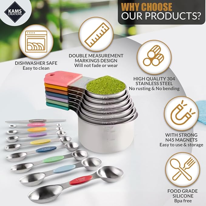 16PCS Magnetic Measuring Cups and Spoons Set with Leveler – Strong N52 Magnets, Premium 304 Stainless Steel, Double Sided Measuring Spoons, Easy to Read Engraved Measurements for Baking & Cooking