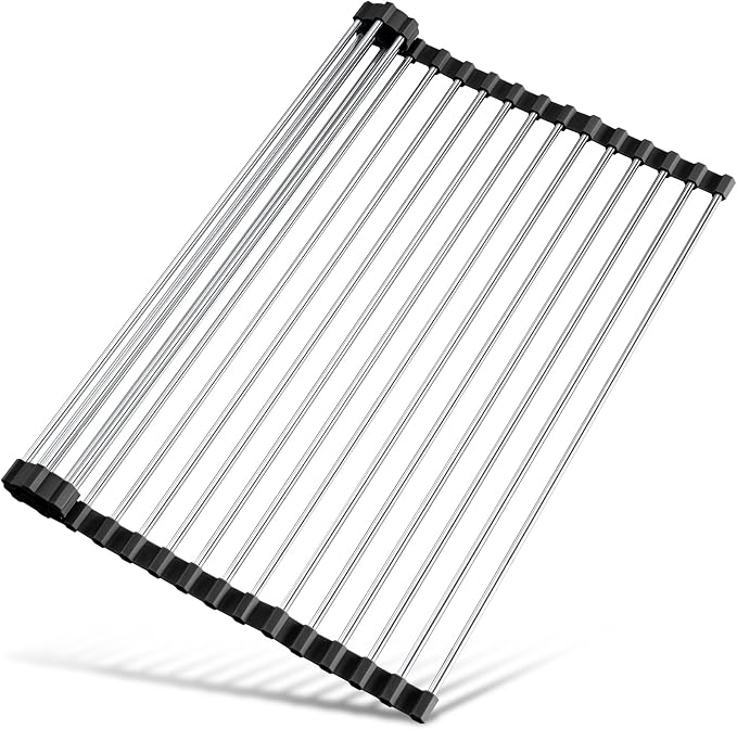 Tomorotec Roll Up Dish Drying Rack Over Sink, 304 Steel, 17.7x12.5, Black | Anti-Slip Silicone Rims For Grip, Heat-Resistant Trivet Mat Holding Heavy Cookware, Rustproof Kitchen Counter Space Saver