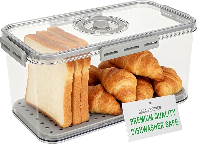 Tiawudi Plastic Bread Box for Kitchen Countertop, Airtight Bread Storage Container for Homemade Bread, Toast, Loaf, Bagel, Donut and Cookies, Time Recording Bread Keeper, Dishwasher Safe