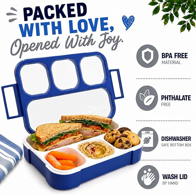 kinsho Bento Box for Kids Lunch-Boxes for Adults | Portion Snack Containers for Boys Toddlers Pre-School Daycare Work Lunches BPA Free | 4 Compartments, Gray Blue, 2 pack