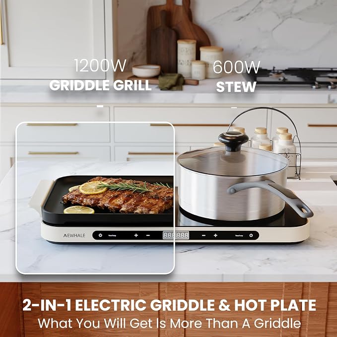 AEWHALE Countertop 2 Burners, Electric Hot Plate | Removable Griddle Pan, Ceramic Non-stick, 1200W+600W, Sensor Touch, Adjustable Temperature/Time