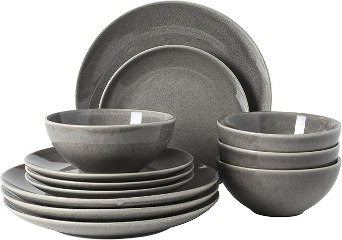Gibson Elite Castle Peak Plates and Bowls Set, 12-Piece Dinnerware Set, Grey Reactive Glaze Stoneware Dishes, Dinner Plates, Salad Plates & Cereal Bowls