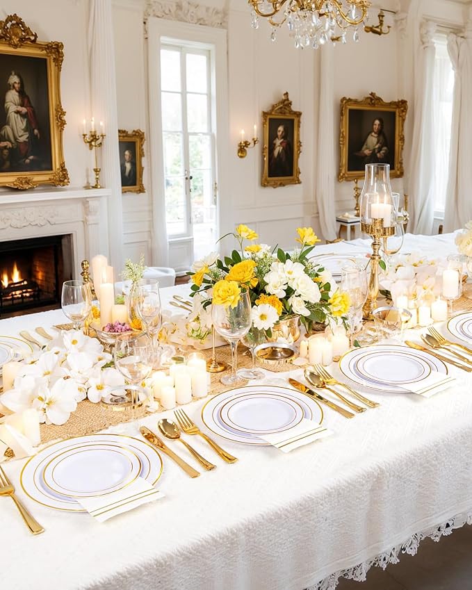GATHER 350PCS Gold Plastic Plates for Wedding and Party | White and Gold Disposable Dinnerware Set include 100 Plates, 150 Silverware, 50 Napkins, 50 Cups for Bridal Shower
