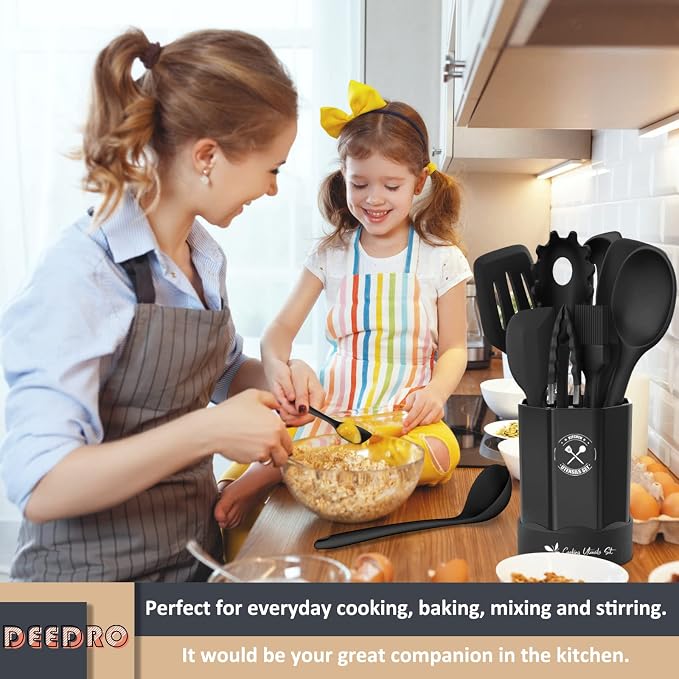 Silicone Kitchen Utensils Set, 16-Piece Silicone Cooking Utensils by Deedro | Heat Resistant Kitchen Tools Set with Holder, Nonstick Spatula Kitchen Gadgets for Cooking & Baking, Black