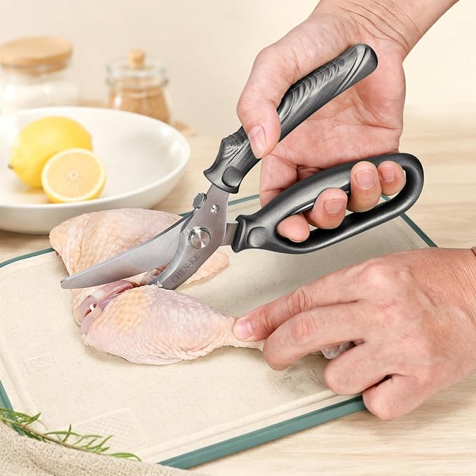 CHEN-KE Rust Resistant Heavy Duty Multipurpose Kitchen Shears-Grey | Stainless Steel Kitchen Scissors, One-Hand, Ergonomic Grip, Sharp Durable Poultry Scissors for Chicken, Meat, Food Cutting