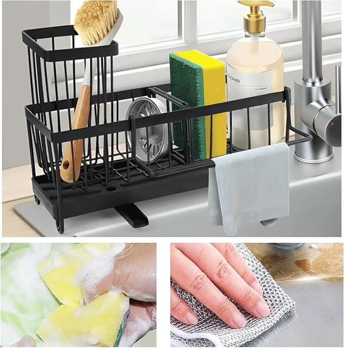 Sponge Holder for Kitchen Sink,5 in 1 Rustproof Stainless Steel Sink Caddy with Washing Cloth & Adhesive Hooks, Kitchen Sink Organizer with High Brush Holder and Soap Holder for Kitchen Sink | Adjustable, Automatic Drainage