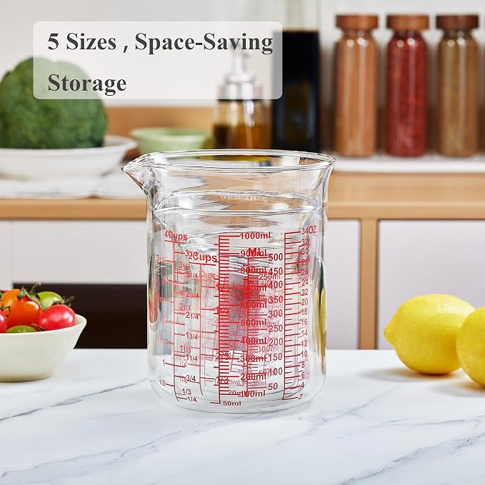 Ackers High Borosilicate Glass Measuring Cup Set with Pour Spout,60ml(2OZ),120ml(4OZ), 250ml(8OZ), 500ml(16OZ), 1000ml(32OZ) Glass Measuring Beaker for Kitchen or Restaurant, Easy to Read