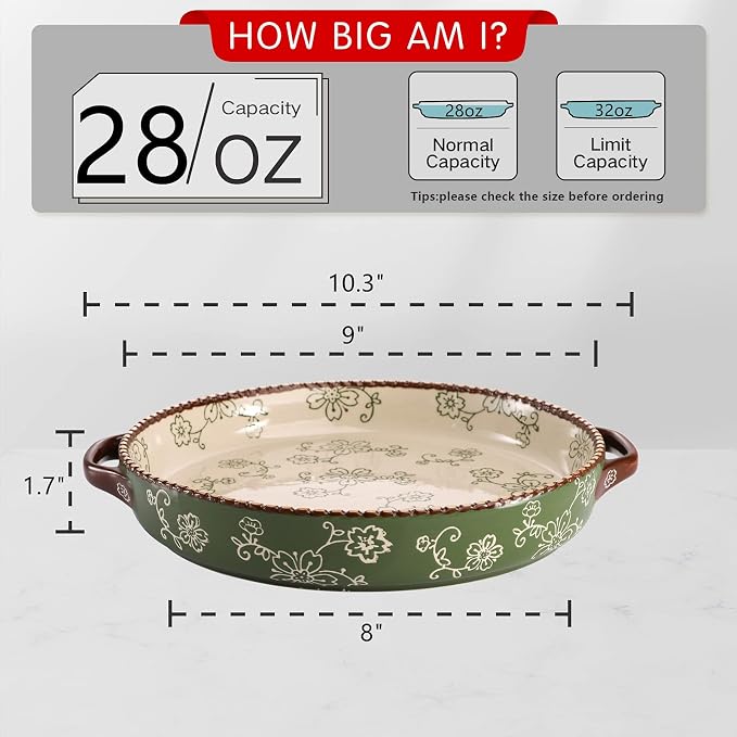 AVLA 2 Pack Ceramic Pie Pan, 9 Inch Round Baking Dish with Double Handle, 28 Ounce Deep Quiche Plates for Kitchen, Cooking, Roasting Lasagna (Sakura, Green)