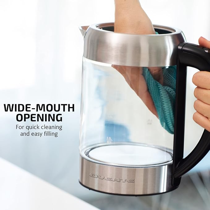 OVENTE 1.7L Glass Electric Kettle Water Boiler, Silver KG6120S | 1500W Fast Boiling, Easy Fill Lid, Borosilicate Glass, Blue LED Light, BPA-Free, Auto Shut-Off, Boil-Dry Protection