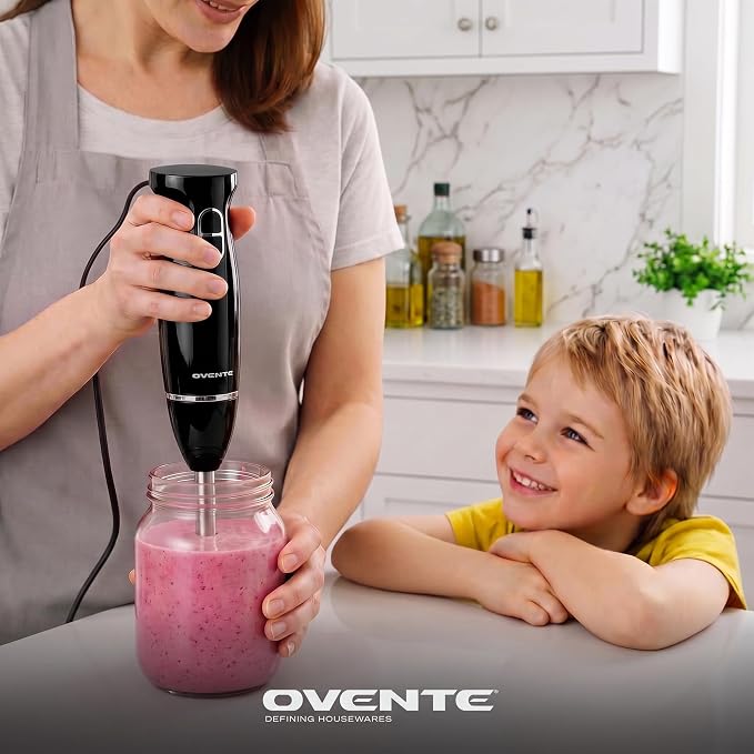 OVENTE Electric Corded Hand Blender, 300W with 2 Mixing Speeds Black HS560B | Handheld Immersion Stick Mixer with Stainless Steel Blades for Smoothies, Purees & Baby Food