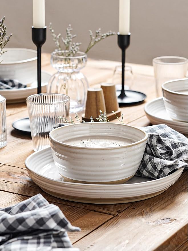 LE TAUCI Ceramic Dinnerware Sets for 4, 12 Piece Plates and Bowls Sets, Chip Resistant Kitchen Dish Set, Microwave & Dishwasher Safe, Arctic White (8"&10" Plate, 28oz Bowl)