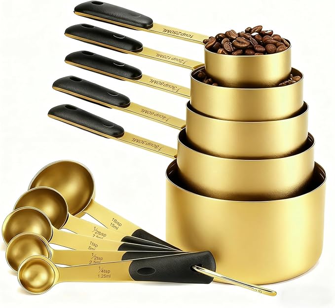 Bopei Measuring Cups and Spoons Set, Gold Electroplated Stainless Steel 10 Piece for Cooking and Baking (5 Cups + 5 Spoons Gold)