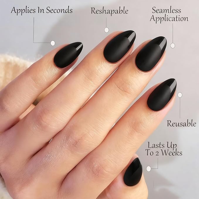 Press On Nails,Black,Short Almond,Glossy French Tips With Matte | Salon-Quality Natural Nails, 10-Minute Easy Daily Application,2+ Weeks Wear, Fast Removal, 16 Sizes, All-in-One Complete Kit