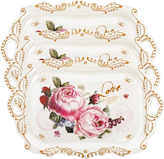 3-Pack Melamine Serving Tray, Stackable Food Tray with Handles for Eating, Unbreakable Large Serving Platter with Floral Print for Gift, Party, Decor, Home, Restaurant, 16"L x 11"W, Rectangle