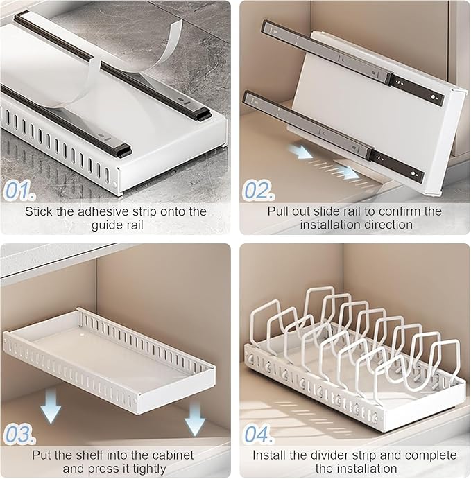 2 Pack Pull Out Pots and Pans Organizer for Cabinet & Countertop, Kitchen Cabinet Organizer with 8 Adjustable Dividers, Storage for Pot Lid, Dishes, Bakeware, White