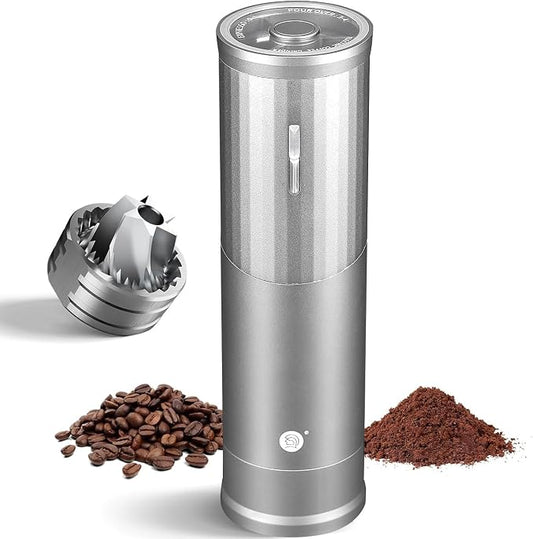Electric Coffee Grinders, Portable Burr Grinder Capacity 50g w/Magnetic Cover,External Adjustable Setting, Aluminum Alloy Body, 800mAh Battery(Stand not Included) (Silver)