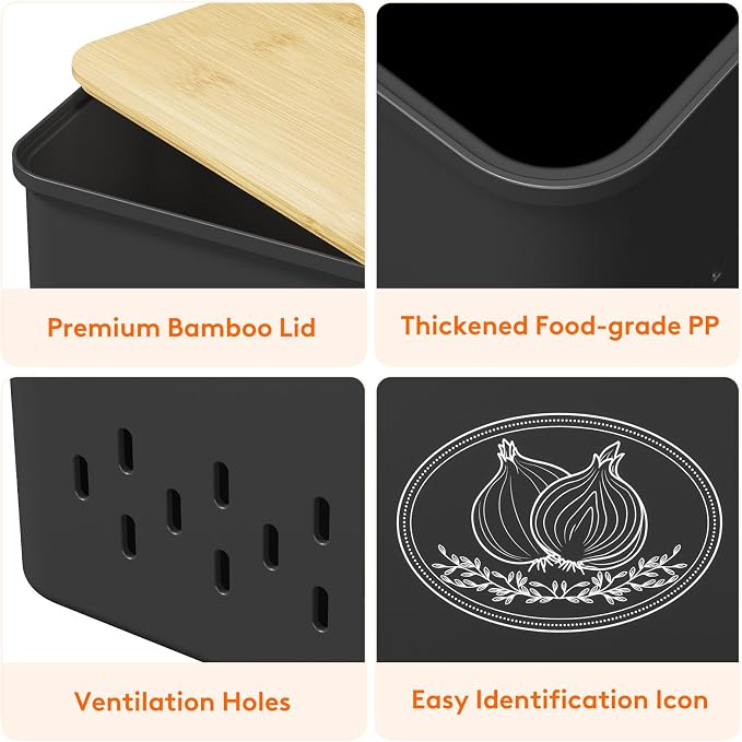 Lifewit Plastic Potato and Onion Storage Bin Box, Set of 3, Black | Stackable Garlic Keeper, Vegetable Container Box, Aerating Holes & Lid for Pantry Countertop