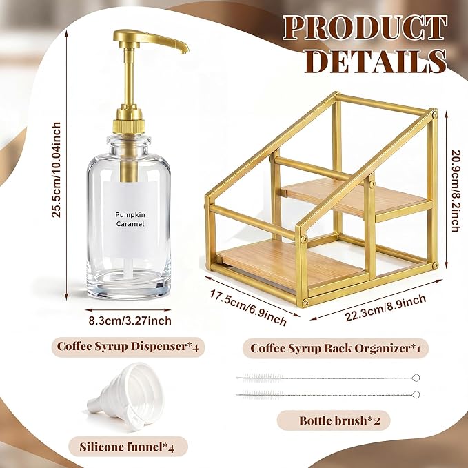Coffee Bar Accessories, 4 Pack 16.9oz/500ml Gold Syrup Dispenser with 1/4oz Pump, 2-Tier Syrup Rack Organizer, Labels, Straw Brushes, Funnels for Kitchen Countertop, Wine, Dressing Storage