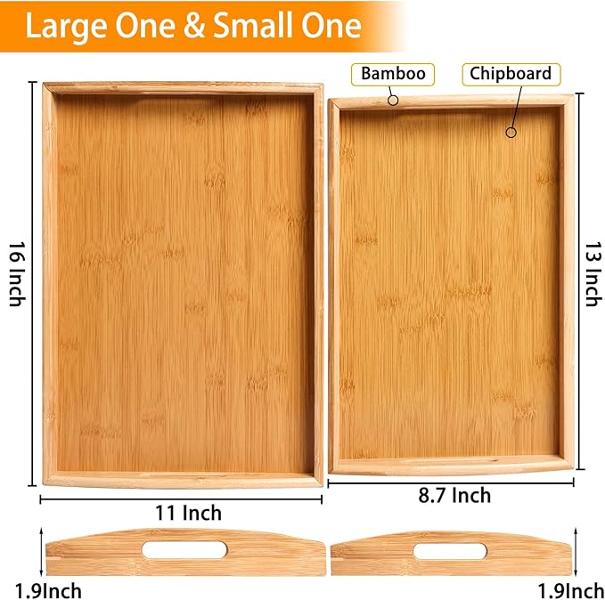 2-Pack Bamboo Serving Trays with Handles, 16" and 13", Decorative Food Tray Set for Breakfast, Coffee, Tea, Snacks, Ideal for Coffee Table, Ottoman, Living Room & Kitchen
