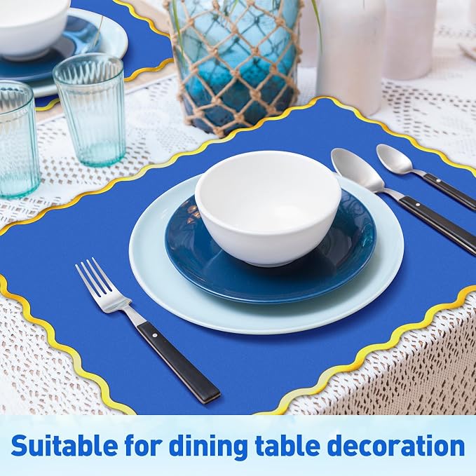 FoldTier 150 Pcs Disposable Paper Placemats Bulk 10"x14" Rectangle Place Mats with Scalloped Edges Dining Table Mat for Wedding Birthday Party Table Decoration(Blue)