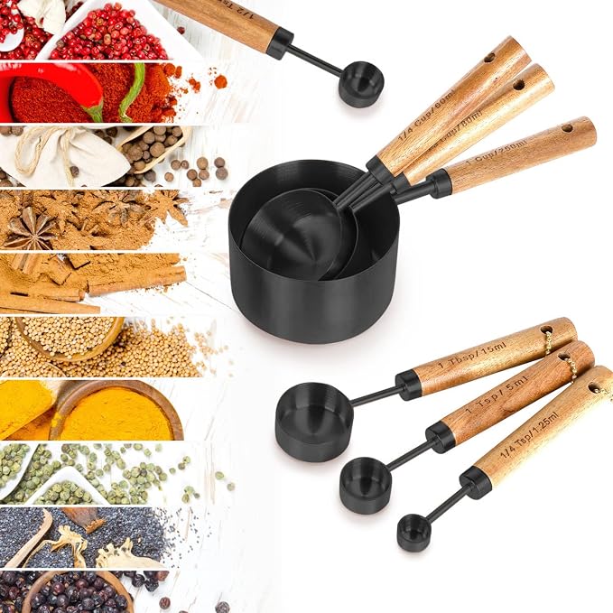 8-Piece Stainless Steel Measuring Cups and Spoons, Acacia Handles, Black