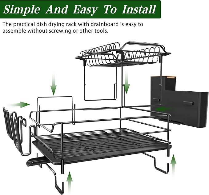 Runnatal Large Dish Drying Rack Stainless Steel Sink for Kitchen | 2 Tier Extendable Stainless Steel Dish Rack Used in Sink & Kitchen Counter, with Drainboard Set & Utensil Holder & Cup Holder
