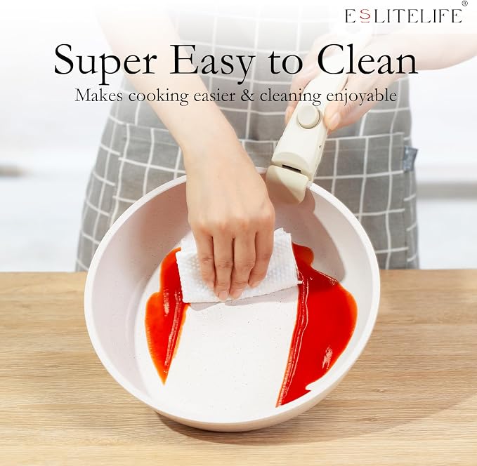 ESLITE LIFE Nonstick Ceramic Frying Pans Skillets Set with Lids & Detachable Handle, Non-Toxic Egg Omelette Kitchen Cooking Pans Compatible with All Stovetops, PTFE & PFOA Free, White, 7-Piece