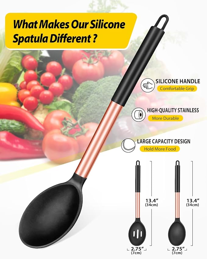 BUNDLEPRO Silicone Cooking Spoons for Non Stick Cookware, 2 Pack | Rose Gold Black, Heat Resistant, Large Kitchen Spoons for Mixing, Serving, Draining, Stirring