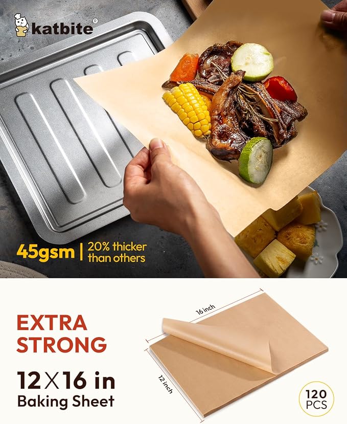 Katbite 120 Pcs Parchment Paper Baking Sheets, 12x16 Inch, Heavy Duty | Unbleached precut Non-Stick half sheet paper, ideal for baking, cooking, steaming and oven use