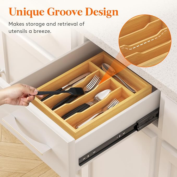 Lifewit Bamboo Silverware Tray for Drawer, 8.6 x 12.5 | Utensil Organizer for Kitchen, Flatware and Cutlery Holder, Storage for Spoons Forks Knives, Natural