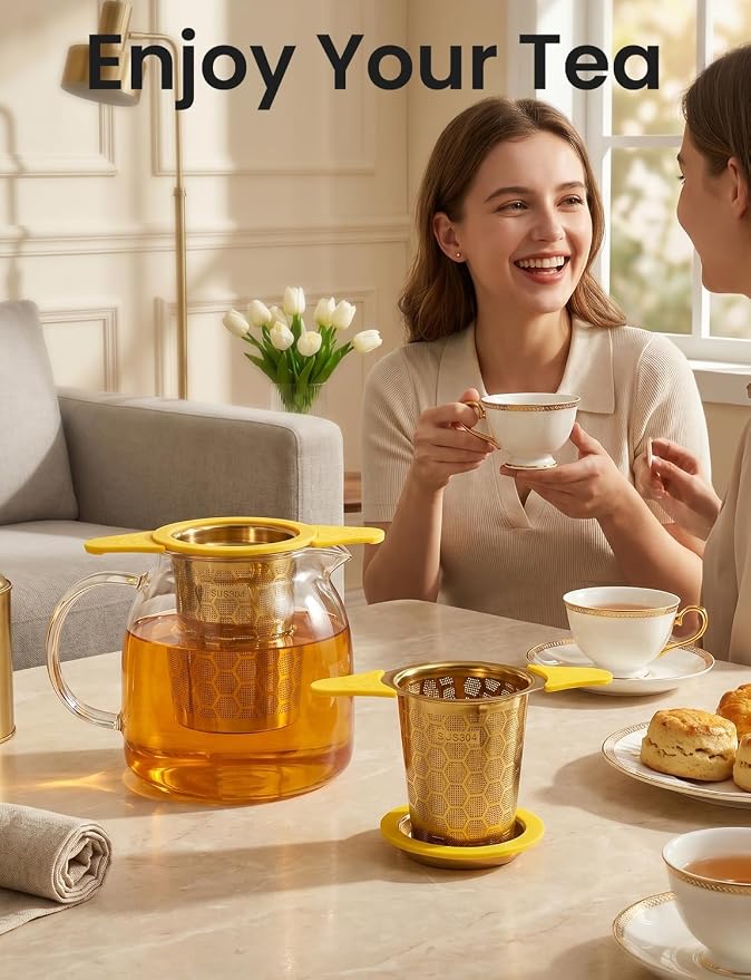Tea Infuser for Loose Leaf Tea,Stainless Steel Tea Strainer with Silicone Handles,Extra Fine Mesh Tea Strainers for Loose Tea Filter Fine Tea Leaves Effectively,Fits TeaPots/Mugs (Gold)