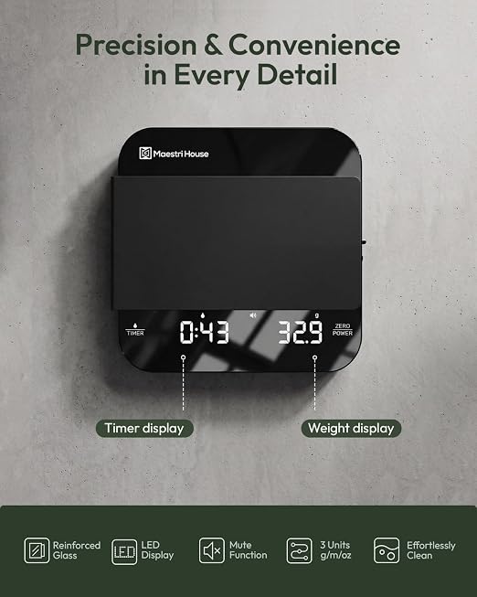Maestri House S2 Espresso Coffee Scale with Timer 0.1g Precision Shot Scale | USB-C Rechargeable, Dual Timing Modes, 2kg/0.1g Digital Scale with Borosilicate Glass Top for Espresso and Pour-Over Brewing