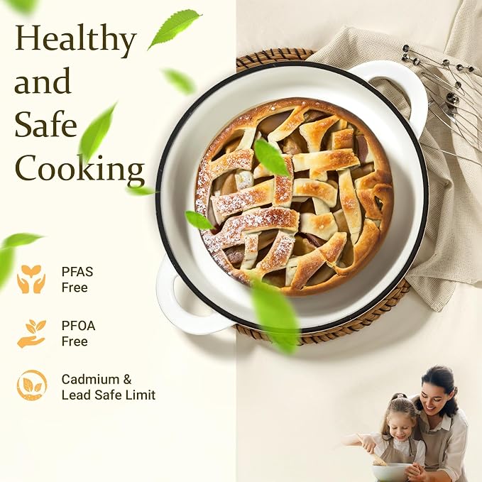 Overmont Enameled Cast Iron Dutch Oven - 7QT Pot with Lid Cookbook & Cotton Potholders - Heavy-Duty Cookware for Braising, Stews, Roasting, Bread Baking PearlWhite