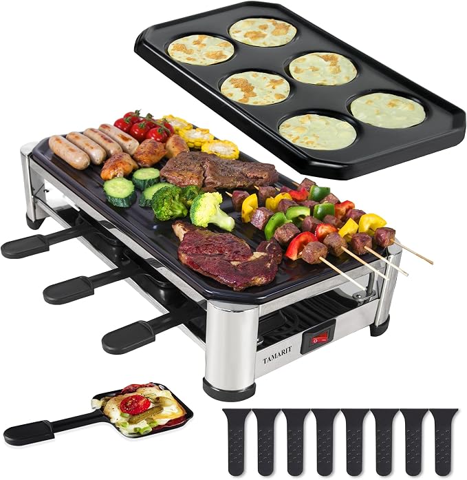 TAMARIT 8-Person Raclette Grill, Electric Table Grill for family gathering | Nonstick Grill plate and extra plate for crepe or pan cake,1500W