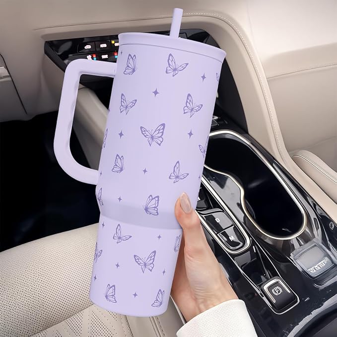 Butterfly Gifts for Women, Purple Butterfly Tumbler with Handle, Stainless Steel Insulated Coffee Travel Mug Cup, Gifts for Women Girls on Birthday Christmas, 40oz