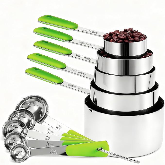 Bopei Measuring Cups and Spoons Set Stainless Steel 10 Piece for Cooking and Baking (5 Cups + 5 Spoons, Green Handle)