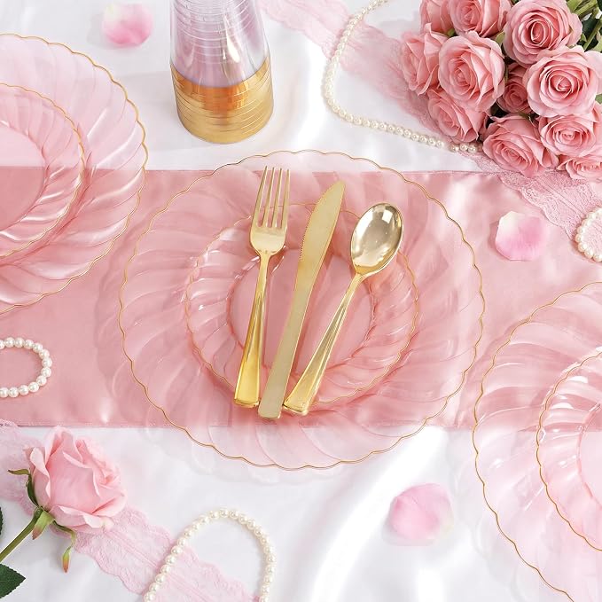 YOUBET 125Pieces Clear Pink Plastic Plates with Gold Rim - Gold Plastic Silverware Include 25 Dinner Plates 25 Dessert Plates 75 Golden Silverwares for Wedding Birthday & Parties Easter Mothers Day | Pink Plastic Dinnerware Set Include 25 Dinner Plates...