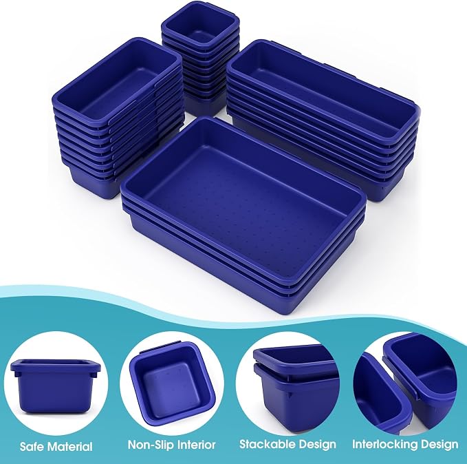 StoreHappily 25 PCS Drawer Organizer Set, 4 Size Makeup Drawer Divider Organizer With Non-Slip Pads, Interlocking Plastic Storage Bins for Office,Jewelry Vanity,Gadgets, Bathroom,Kitchen, Navy