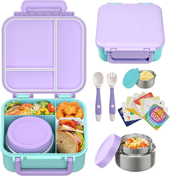 Kids Bento Lunch Box with 9oz Soup Thermo Leakproof Lunch Food Containers 4 Compartment with Insulated Hot Food Jar for Kid Toddler Girls Boys to School, Trvael