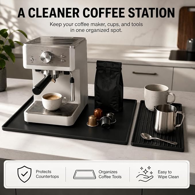 Silicone Coffee Mat 24 x 16 in with Tray, Classic Black | Coffee bar mat for countertop use, coffee station mat or coffee machine mat with removable tray and 0.47 in raised rim.