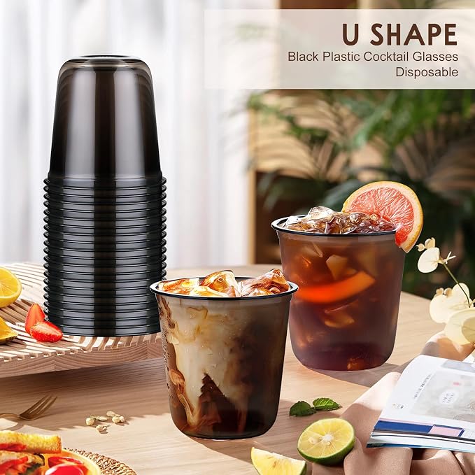 KesaPlan 50Pcs 12oz Black Plastic Party Cups, Disposable Wine Cocktail Cups | Cute Crystal Wine Stemless Glasses, Round Bottom PET Cold Drink Cups for Halloween Graduation Wedding Birthday Meeting Party
