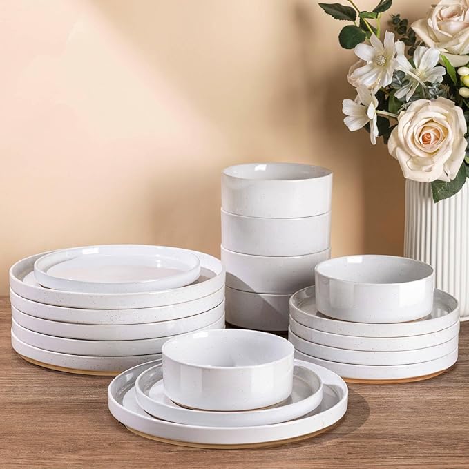 AmorArc Stoneware Dinnerware Sets for 8,24Pcs Plates and Bowls Set | Handmade Ceramic Dish Set,Dishwasher & Microwave Safe,Scratch Resistant-White