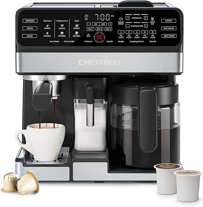Chefman Coffee Maker Espresso Machine Combo, 8-in-1 Coffee Station with Automatic Milk Frother for Lattes, Cappuccinos, Macchiatos, 20-Bar Pump, 12-Cup Carafe & 3L Water Tank - Black
