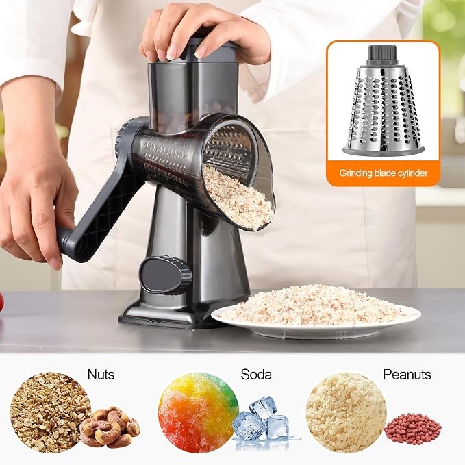 Rotary Cheese Grater Manual Hand Crank 3-in-1 Vegetable Shredde | Finger-safe design, stainless steel drums, suction base. Perfect for cheese, vegetables, nuts & chocolate. Easy to clean