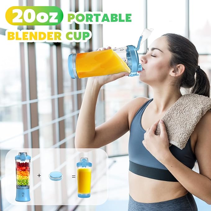 Portable Blender Personal Juicer for Shakes Smoothies with Insulated Sleeve | 20 Oz Electric Protein Shaker Bottle, Travel Lid, USB-C Rechargeable, Mini Small Cordless Blender Cup for Kitchen Travel Gym