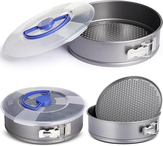 Teenyyou Non Stick Springform Cheesecake Pan with Lid and Removed Bottom Gray Round Cake Pan Travel Friendly Carbon Steel Bakeware for Pie Cake Pizza(2 Pcs,9 in)