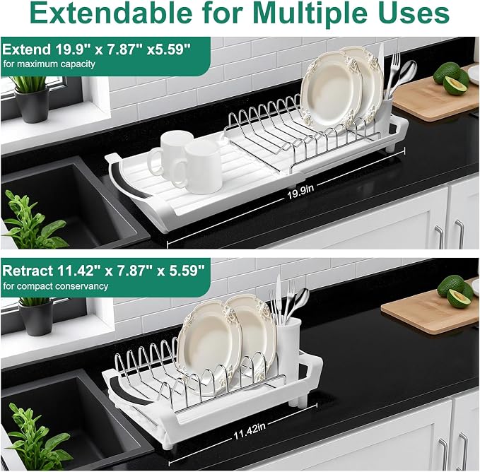 Compact Stainless Steel Dish Drying Rack | Rust-Resistant Drainer for Kitchen and Apartment Countertops/Sink Cabinets, Adjustable 11.42 to 19.9 Inches (White)