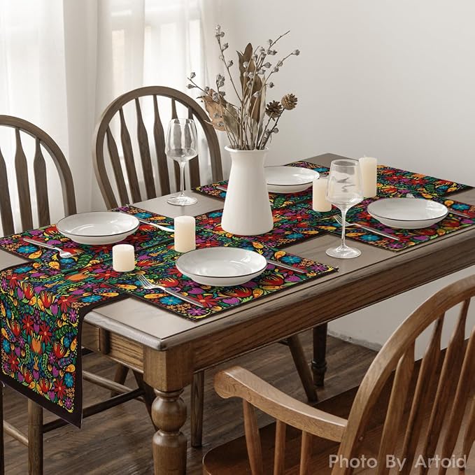 Artoid Mode Mexican Cinco De Mayo Placemats Set of 6, 12 x 18 Inch Dia De Los Muertos Decoration Washable Table Mats for Party Dining Table