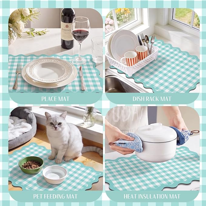 Aqua Sky Scalloped Gingham Coffee Mat 12" x 20" Absorbent Bar Mat | Gingham Espresso Matt with Non Slip Rubber Backing for Coffee Countertops