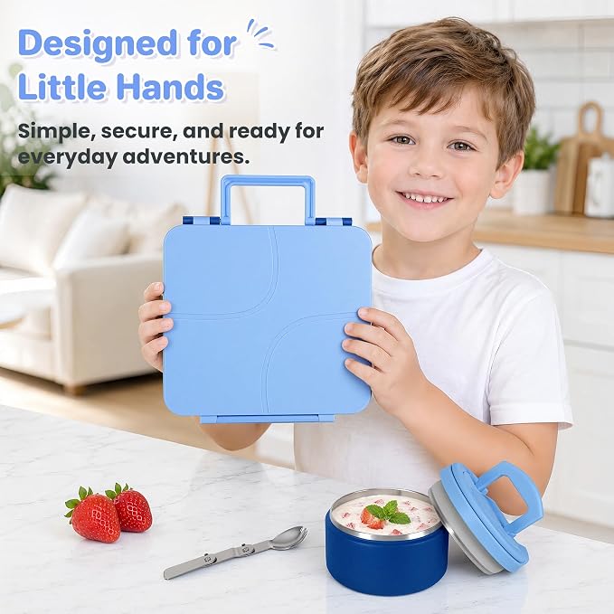 Bento Lunch Box for Kids with 8oz Soup Thermo,Kids Leakproof Lunch Food Containers with 4 Compartment,Kid Insulated Thermo Hot Food Jar for School,Trvael-Blue